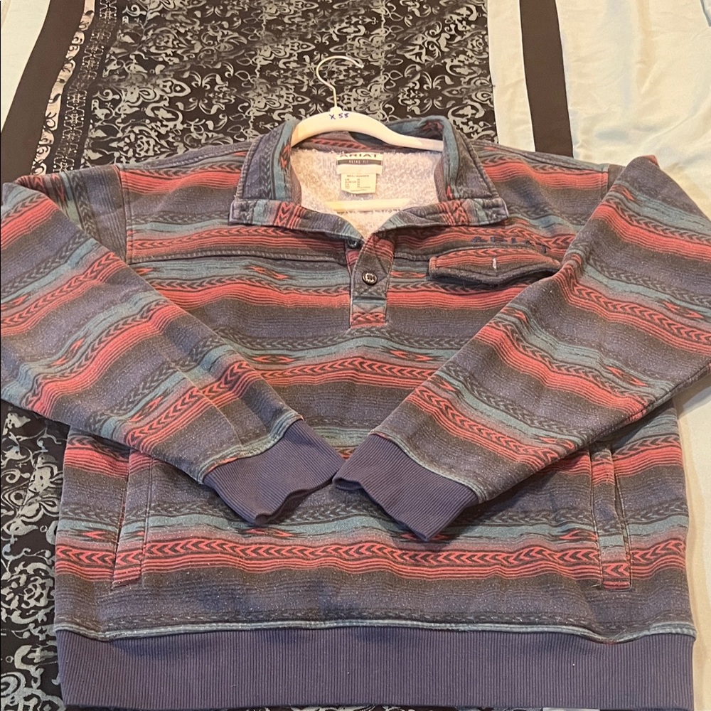 Ariat Men's Striped Crewneck Pullover - Blue & Coral